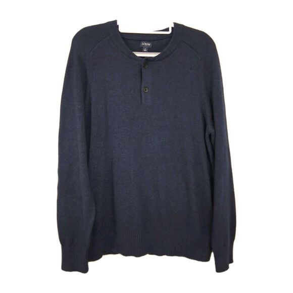 New J Crew Mens Sweater Wool Blend Navy Blue Large Henley Button V-Neck Preppy - Picture 1 of 7